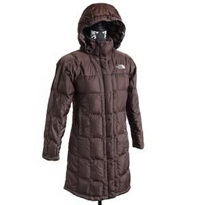 Women's Long Brown Preppy North Face 600 Goose Down Hooded Parka Coat - Size XS